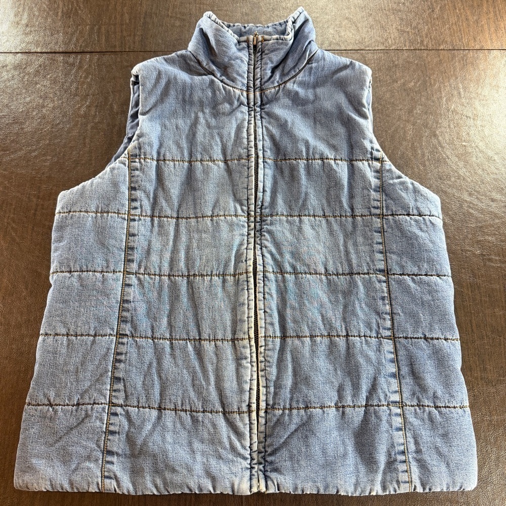 Vintage Northern Isles Weathered Puffer Blue Denim Vest Sz M